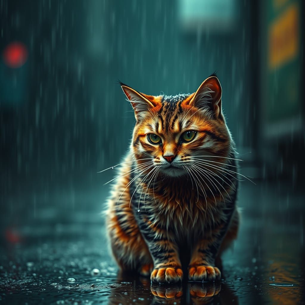 Furious Wet Cat in Torrential Rain: Photorealistic 4K