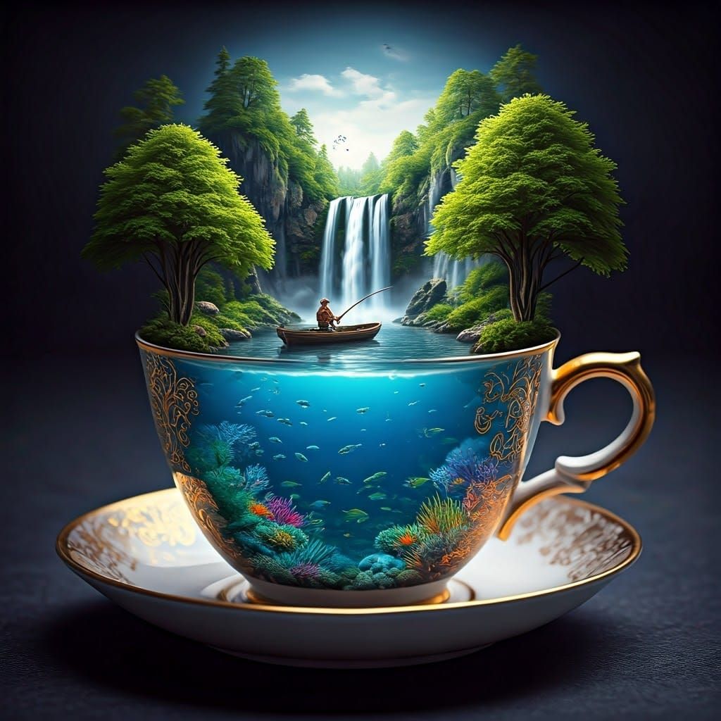 Miniature Teacup Landscape with Fisherman
