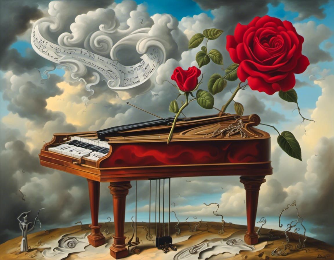 Surreal Cracked Land with Rose, Clouds, and Musical Elements