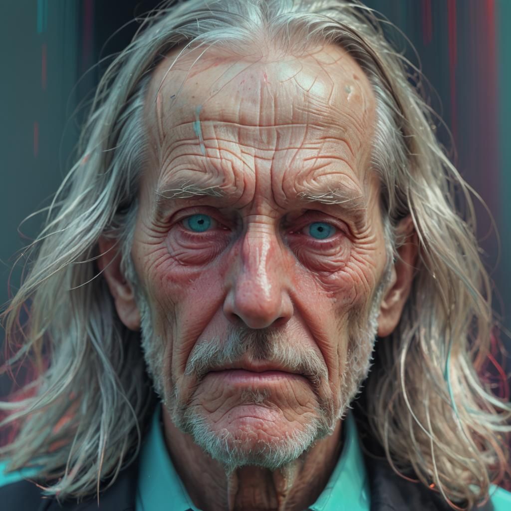 Glitched Portrait of an Old Man in Anaglyph 3D