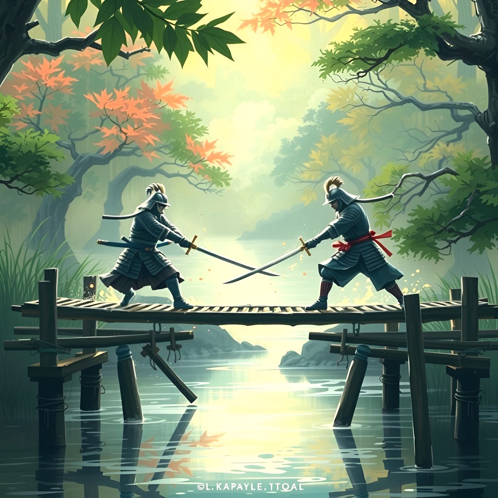 Samurai Duel on Bamboo Bridge in Graffiti Art Style