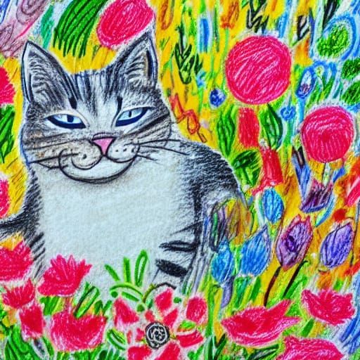 Whimsical Cartoon Cat in a Dreamy Crayon Drawing