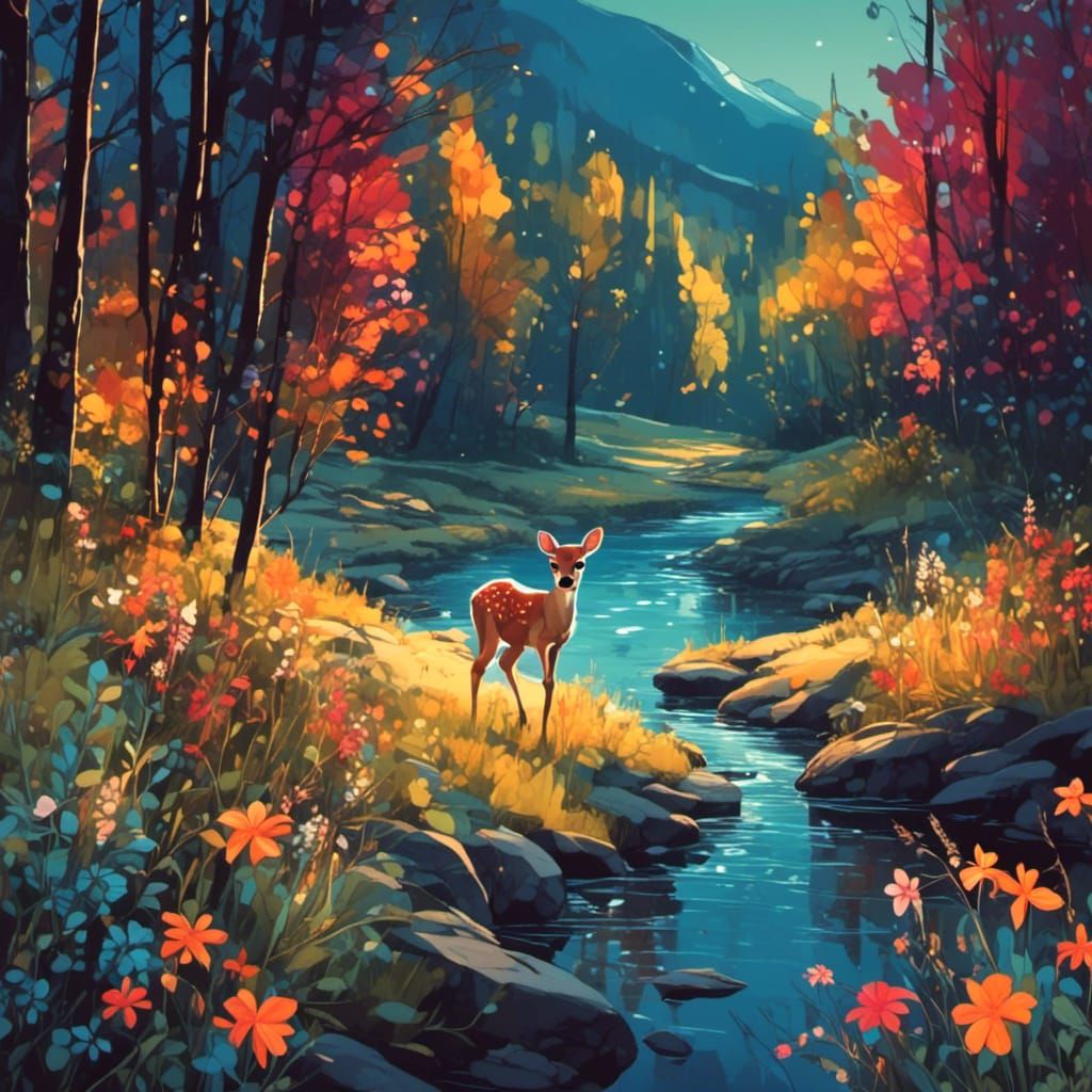 Fawn Crossing River in Colorful Valley at Night