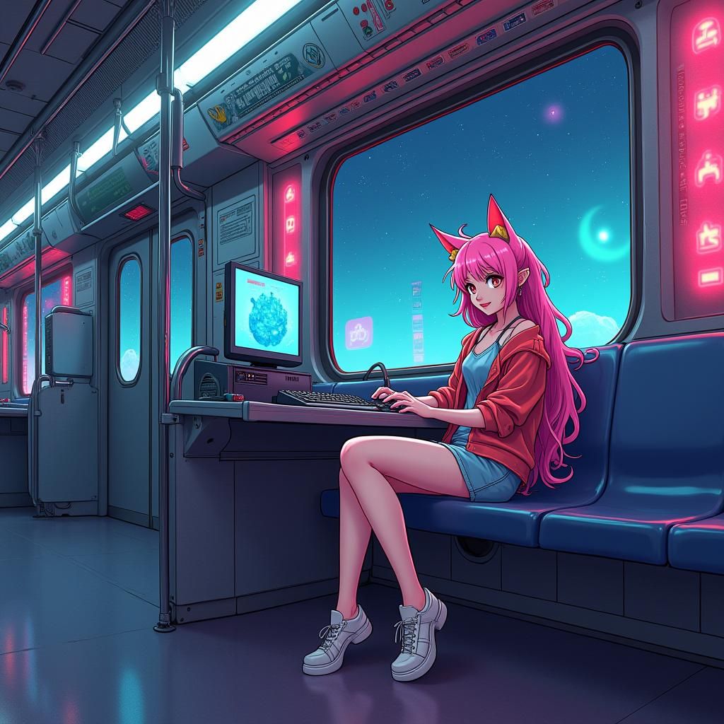 Anime Cat Girl in Cyberpunk Train Illustration