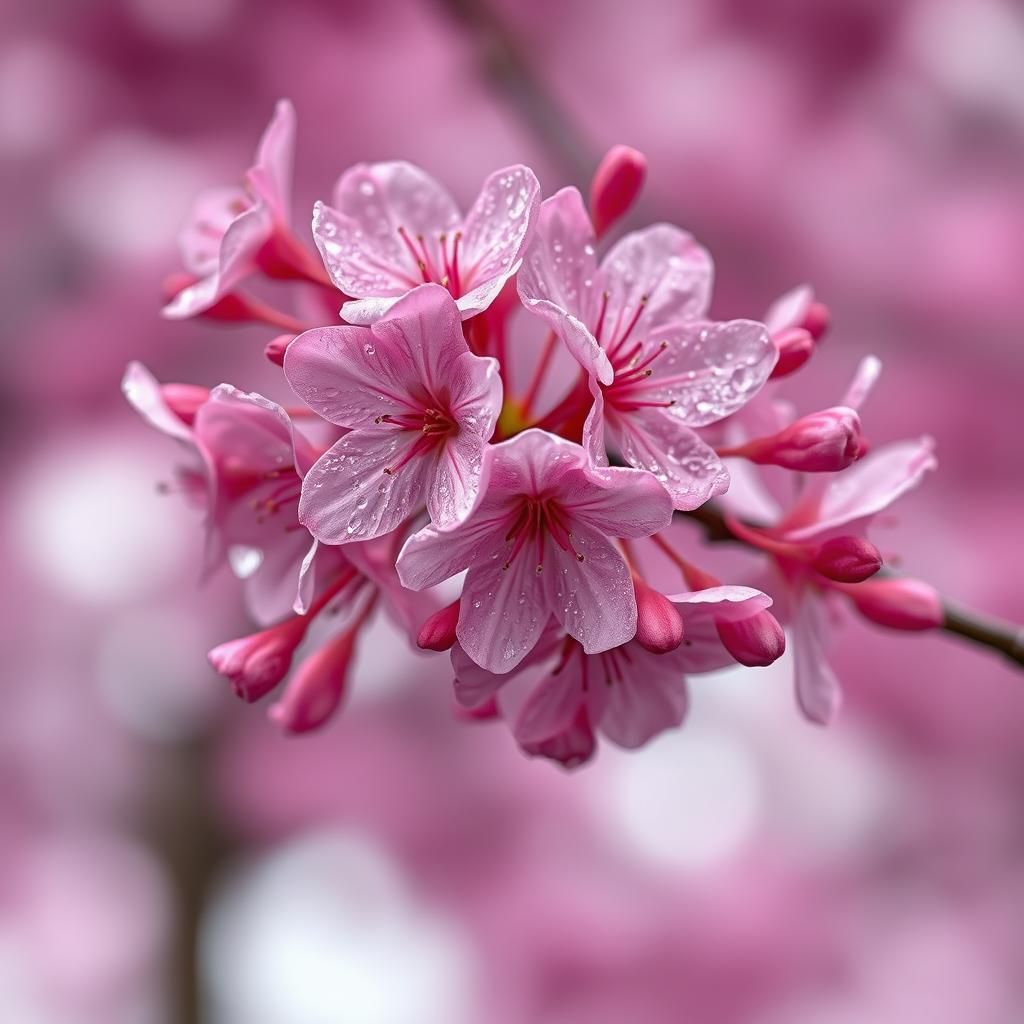 Dew-Kissed Pink Cherry Blossoms in Hyperrealistic Style