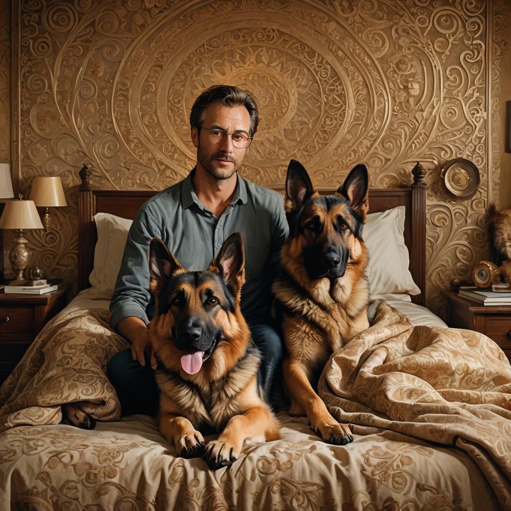 German Shepherd and Owner in Mystical Bedroom Scene