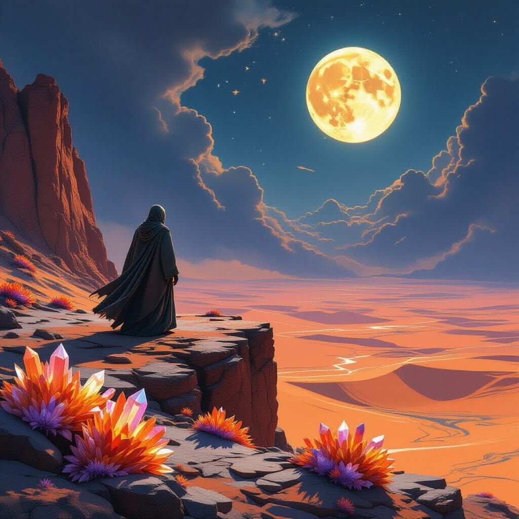 Alien Desert Vista with Two Moons and Crystalline Flora