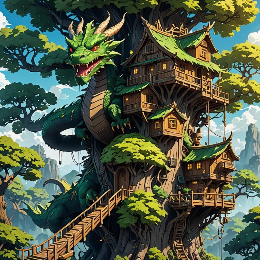 Anime Treehouses with Dragon, Cel-Shaded Style