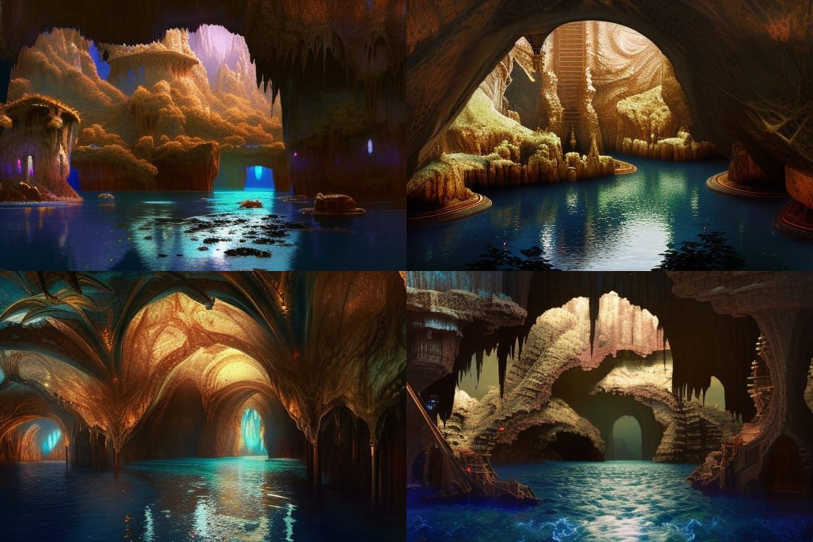 Fantastical Cave Lake with Blue Lights