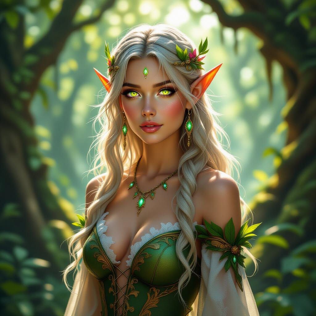 Ethereal Elf in Sun-Dappled Forest, Painterly Style