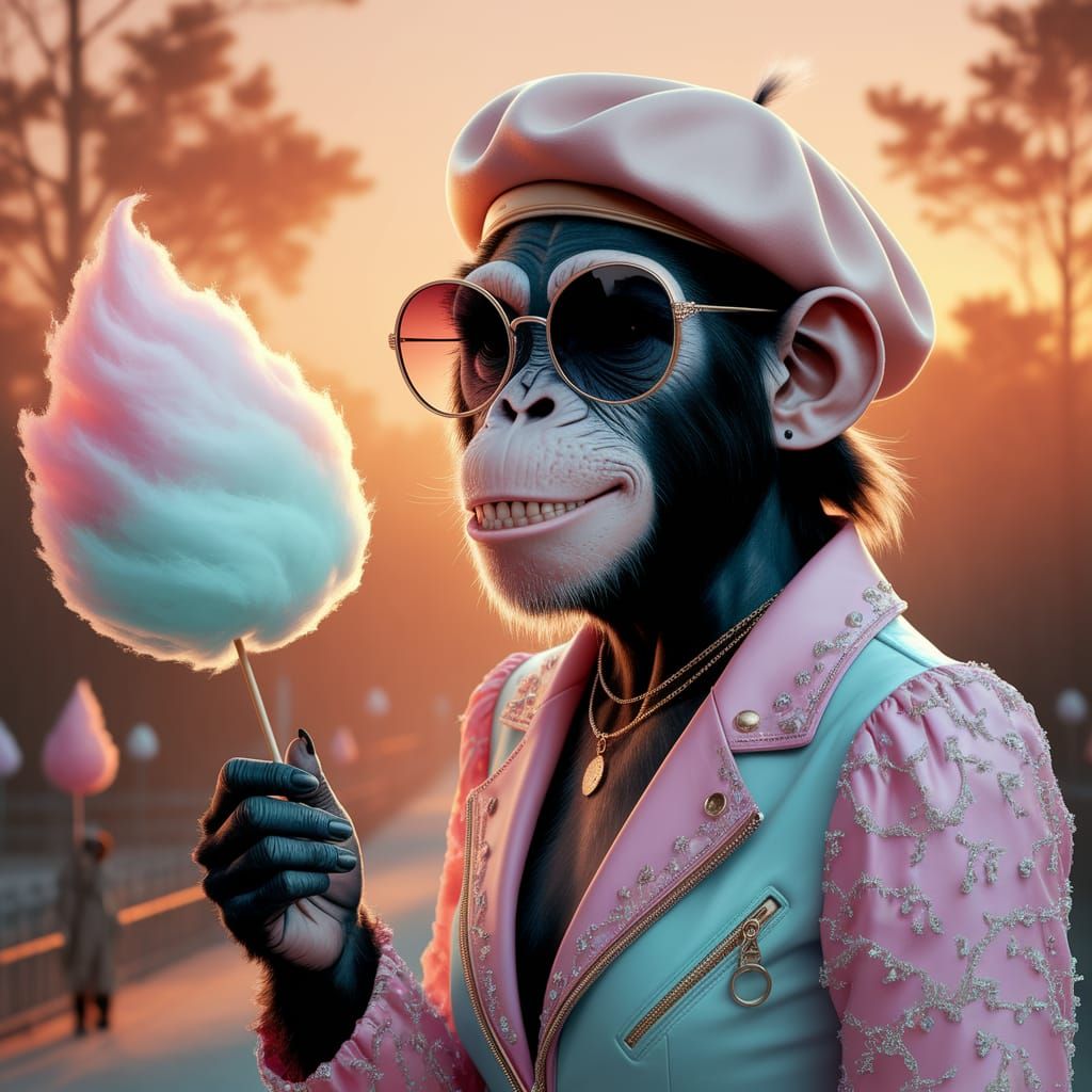 Fashionable Chimpanzee Savoring Cotton Candy in Sunset