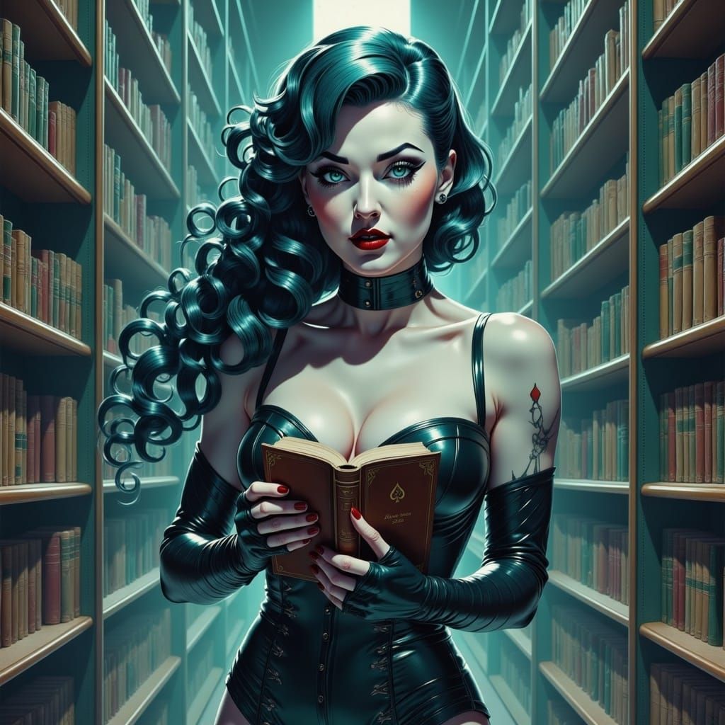 Mysterious Woman in Dim Library, Anime Style