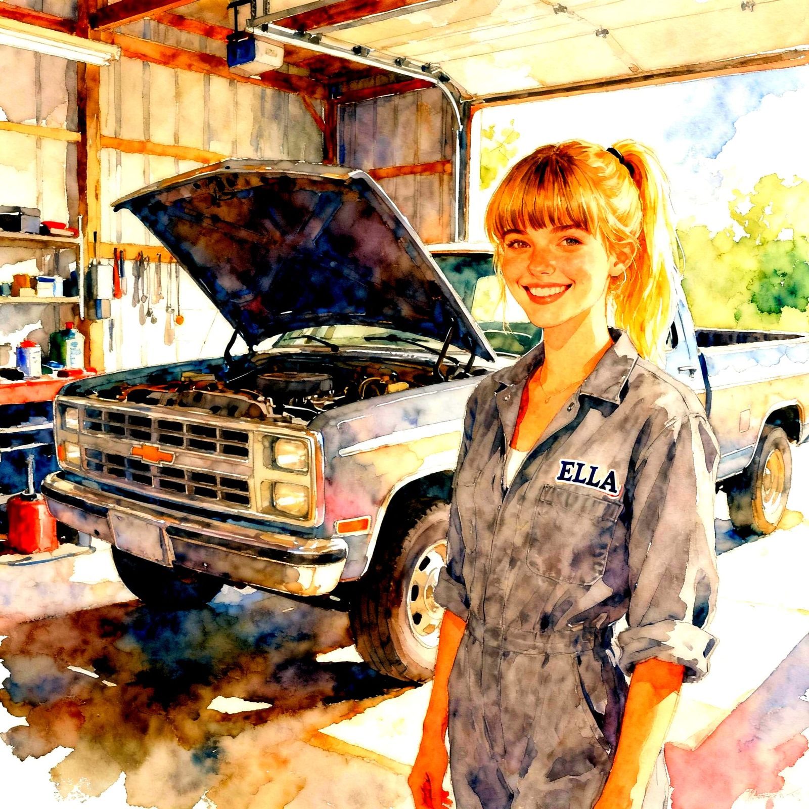 Woman in Jumpsuit Greases Truck in Impressionist Watercolor