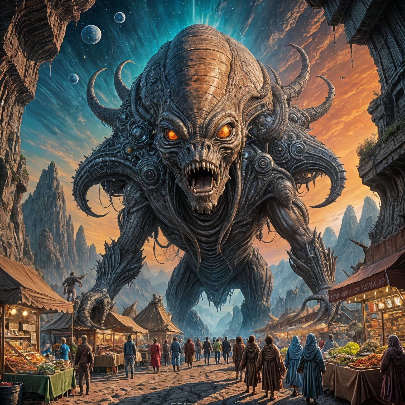 Cosmic Bazaar: Alien Market in Surreal Oil Painting