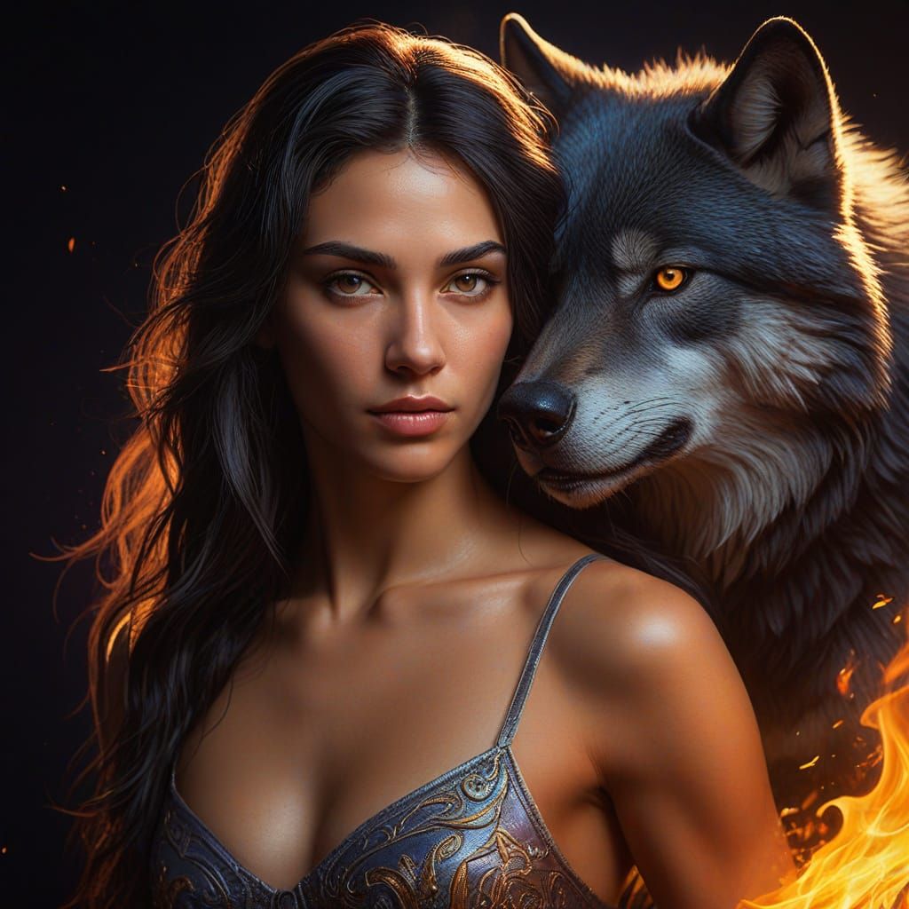 Hyper-Realistic Portrait of Fitness Woman with Wolf of Flame...