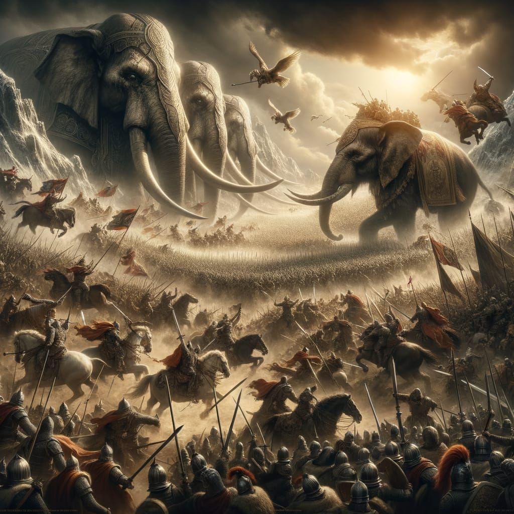 Medieval War Elephants in a Grand, Dusty Battle Scene