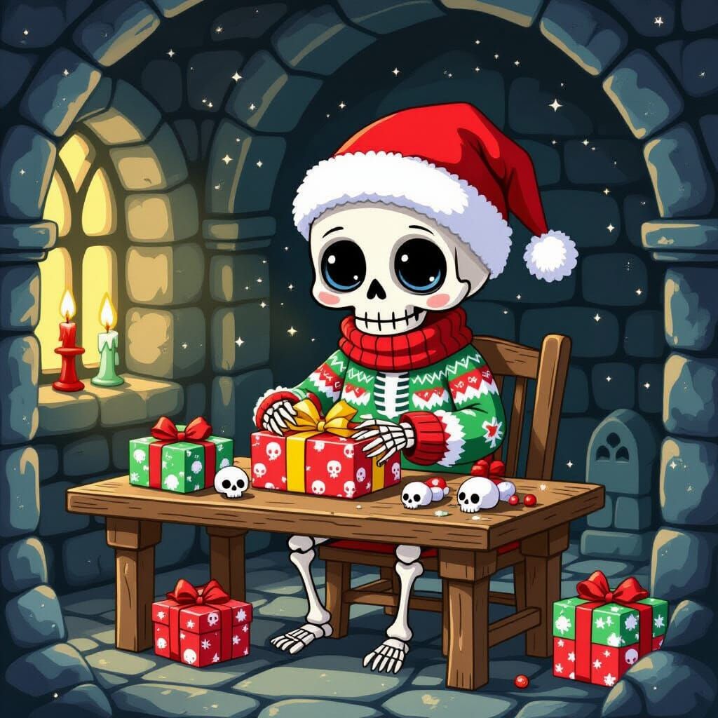 Skeleton in Ugly Christmas Sweater Wraps Gifts in Crypt