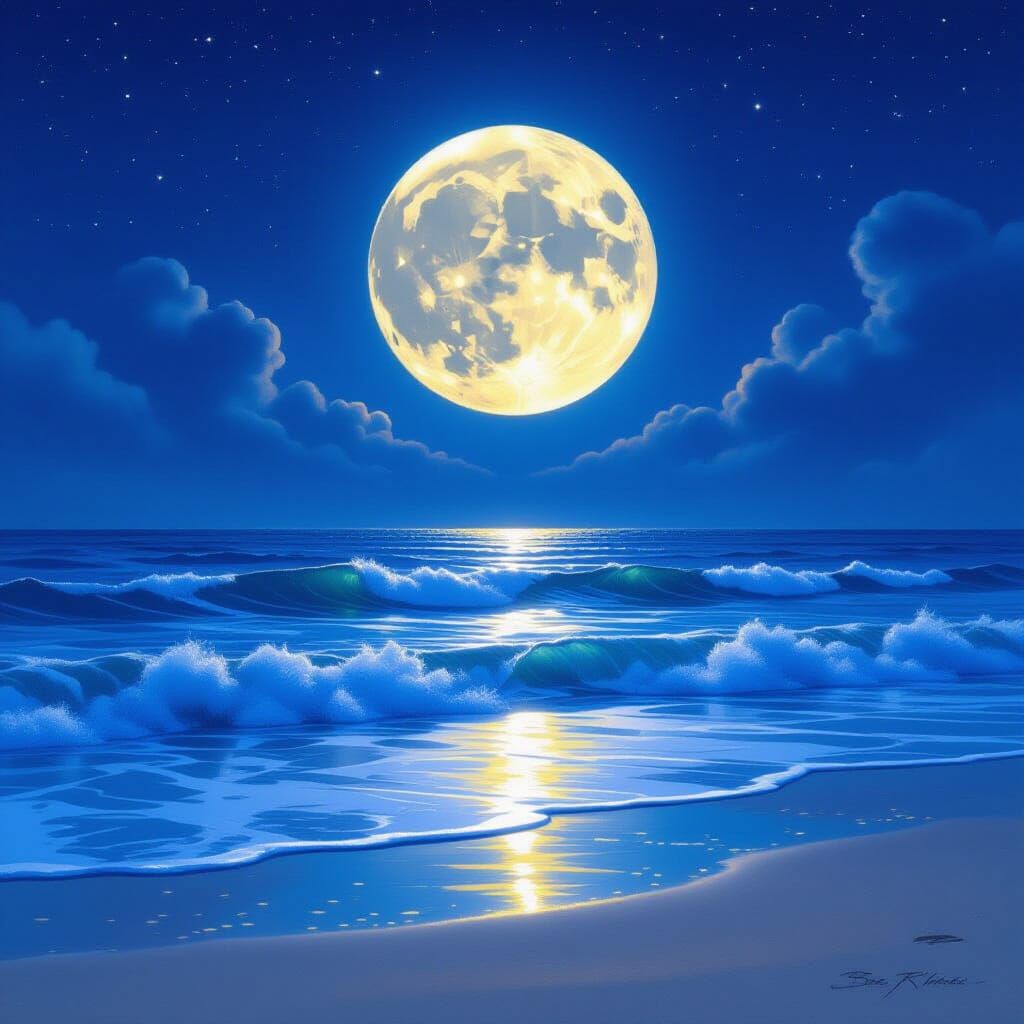 Magical Harvest Moon Over Tranquil Ocean at Night