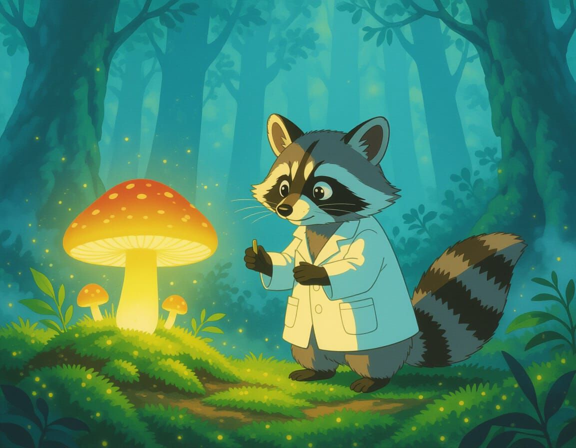 Raccoon Scientist Examines Bioluminescent Mushroom, Ghibli-e...