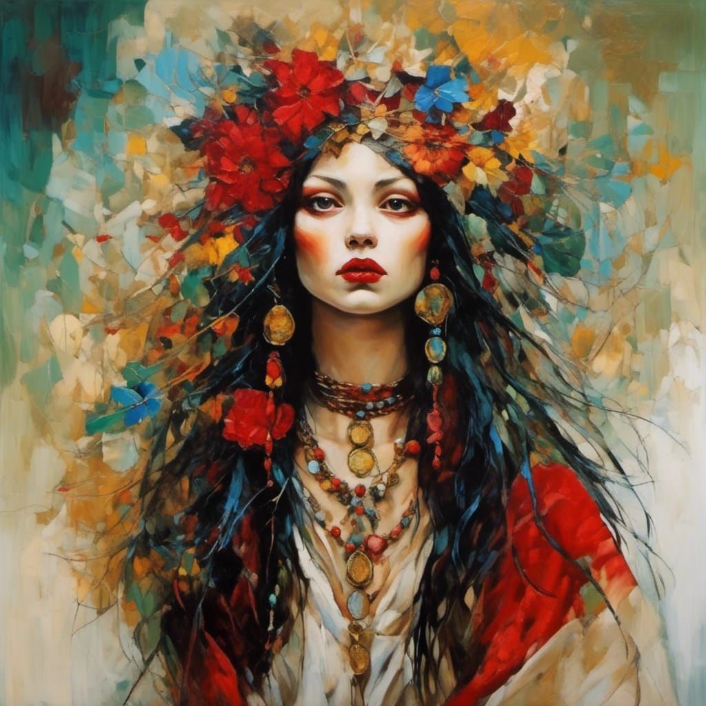 Psychedelic Cherokee Woman: Klimt and Botticelli Style