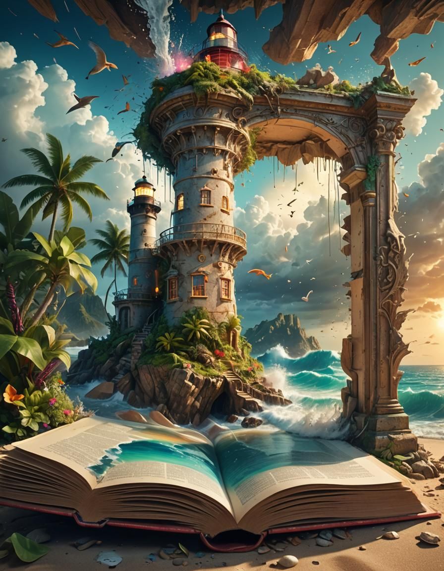 Lush Tropical Beach Inside Ancient Book, Surreal Art