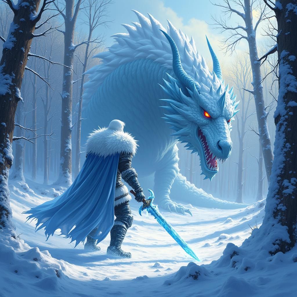 Ice Knight Battles Dragon in Winter Forest