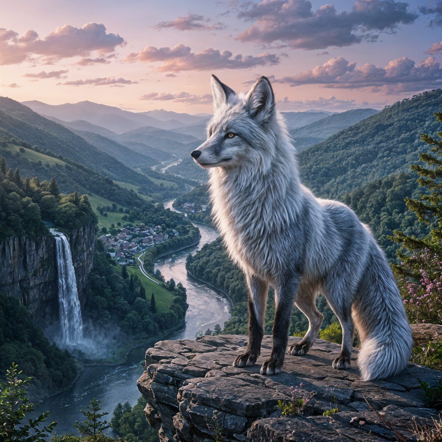 Giant Silver Fox Guardian Overlooks Majestic Lands