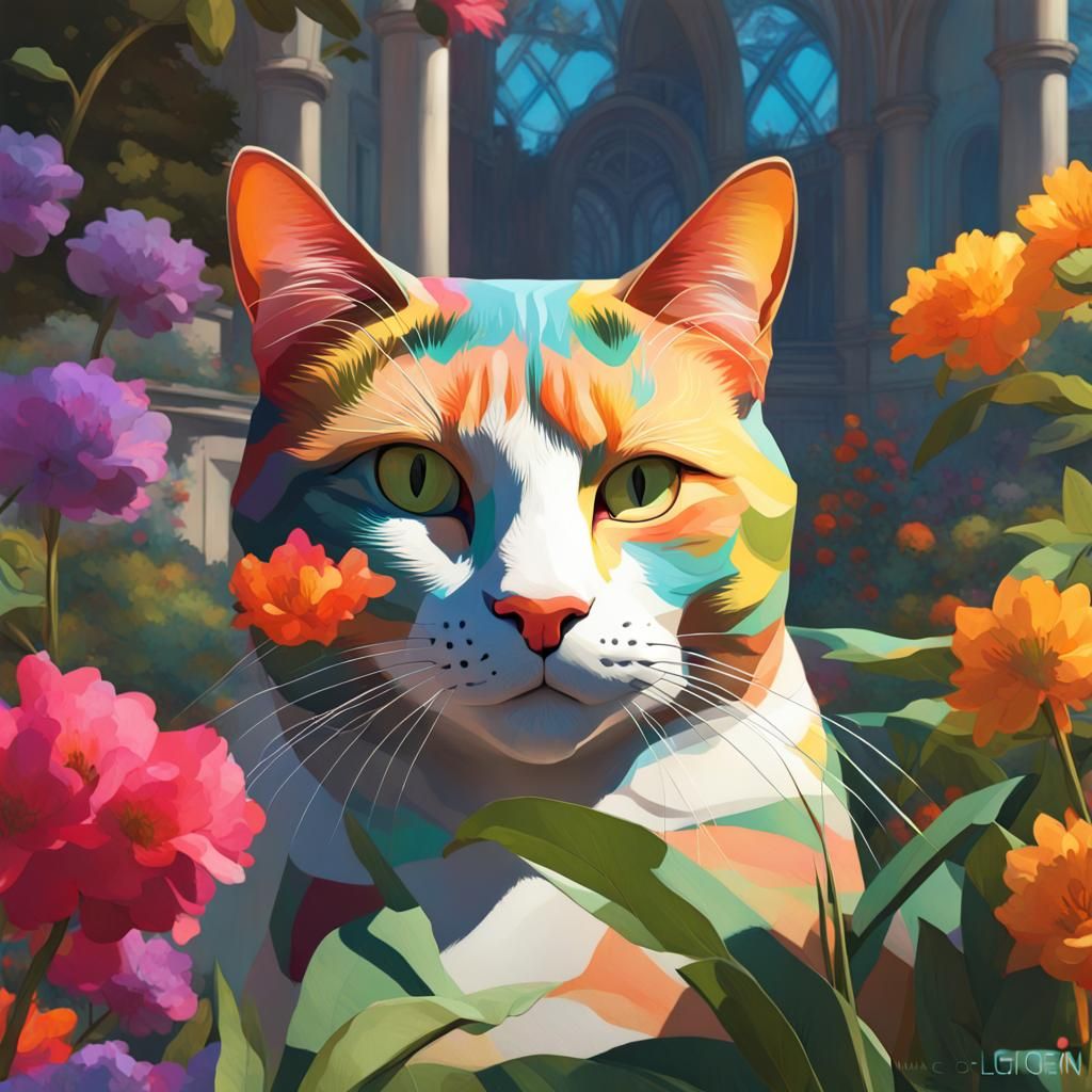 Cubist Cat Portrait in Vibrant Garden