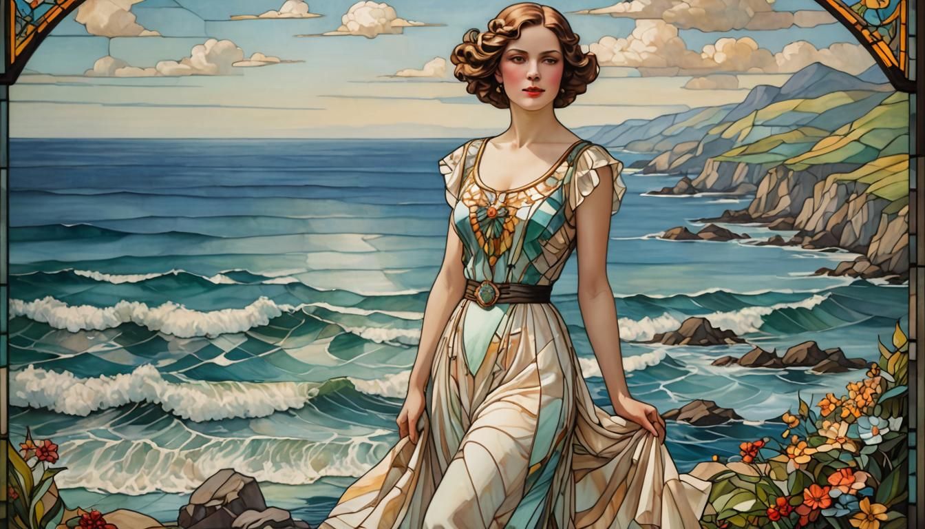 Stained Glass Portrait of Woman in Summer Dress