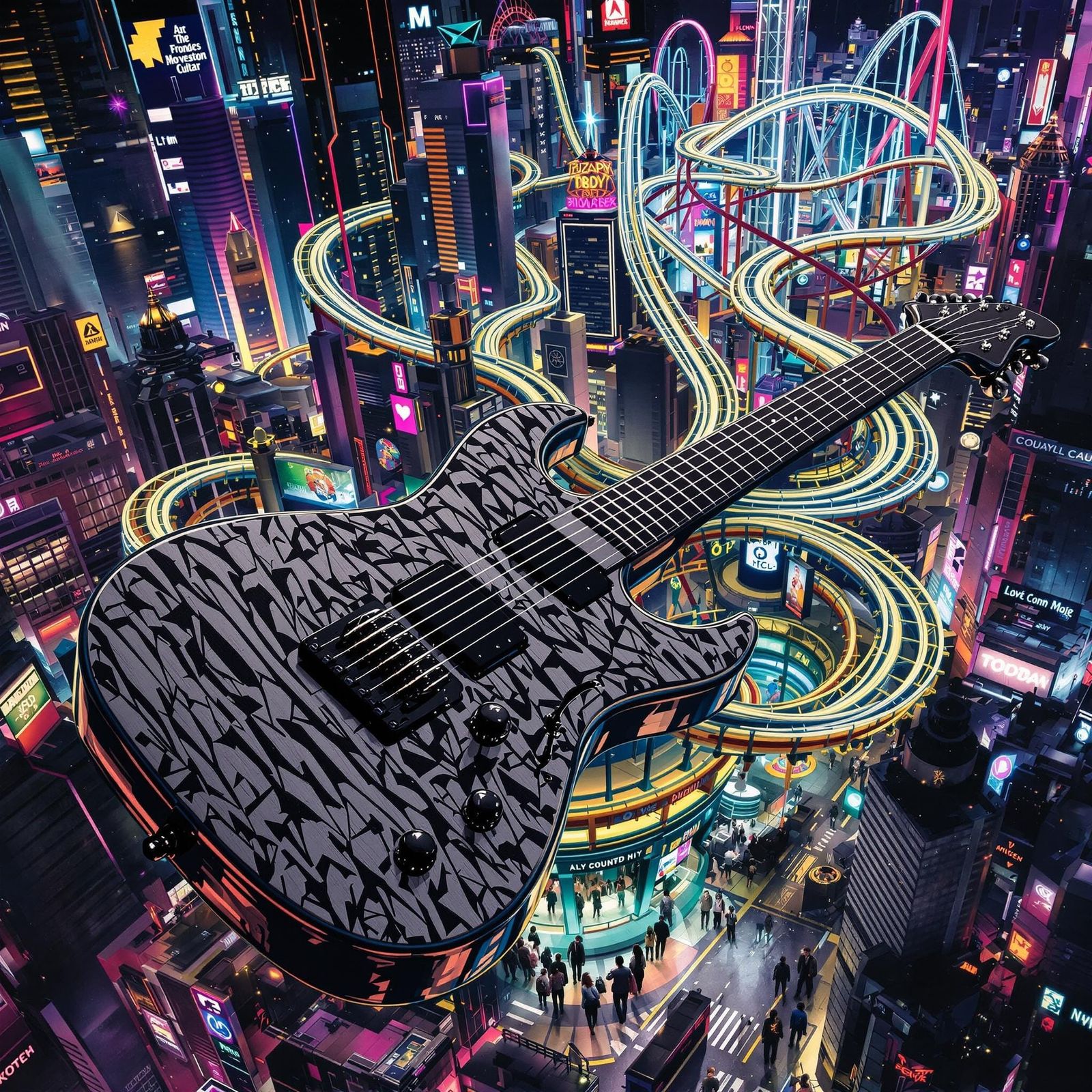 Electric Guitar Transforms into Roller Coaster in Neon Citys...