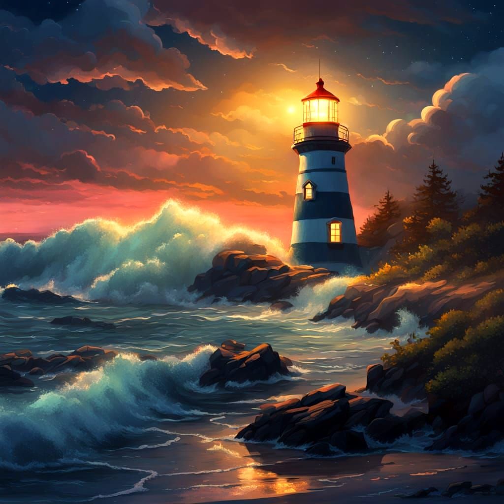 Night Lighthouse with Flickering Light in Romantic Style