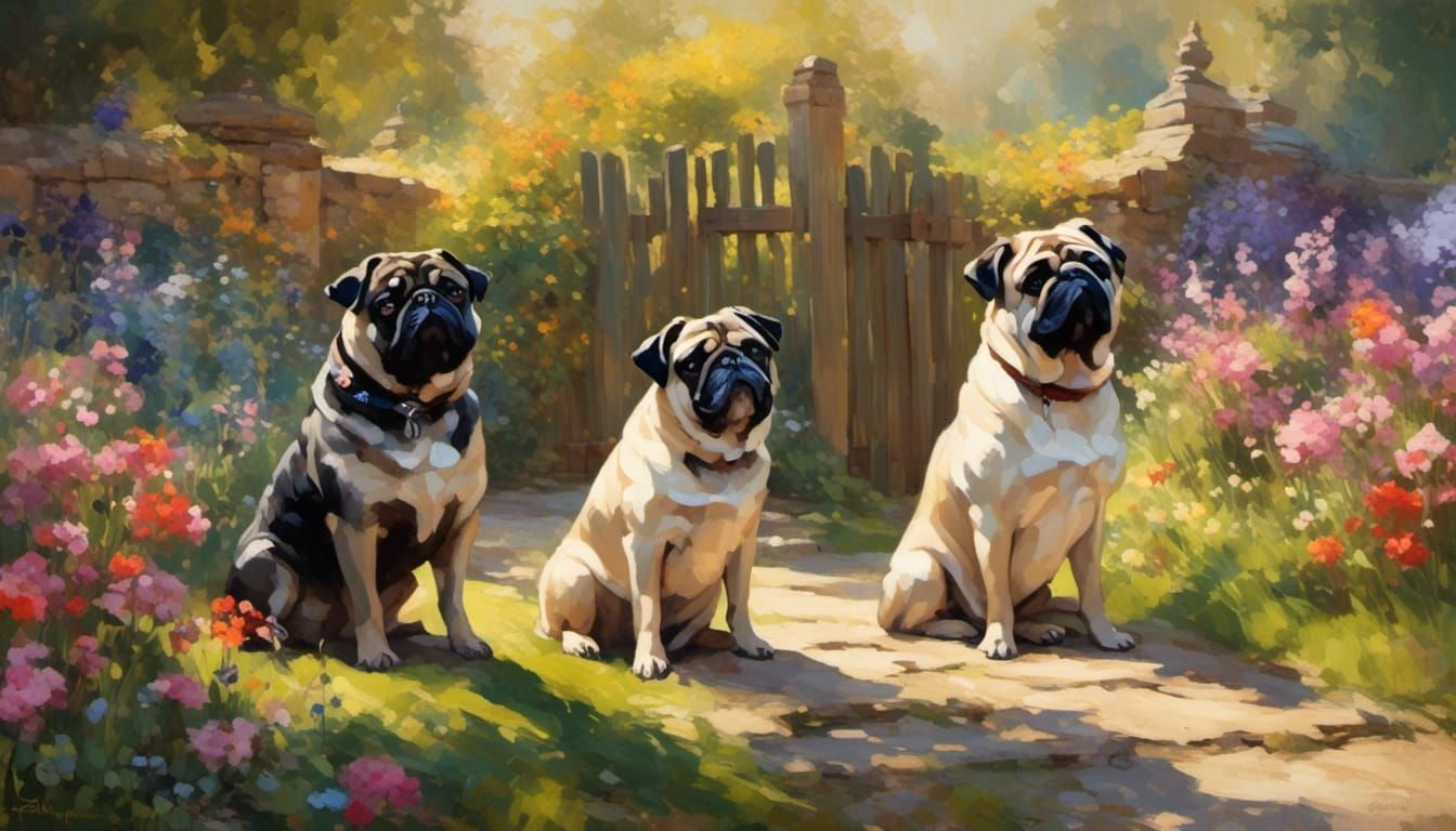 Pugs in a Flower Garden: Impressionist Oil Painting