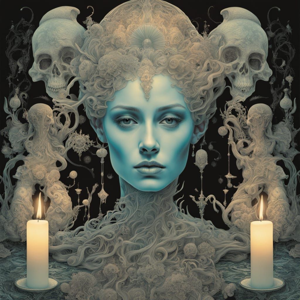 Surreal Witch with Translucent Body and Black Cat