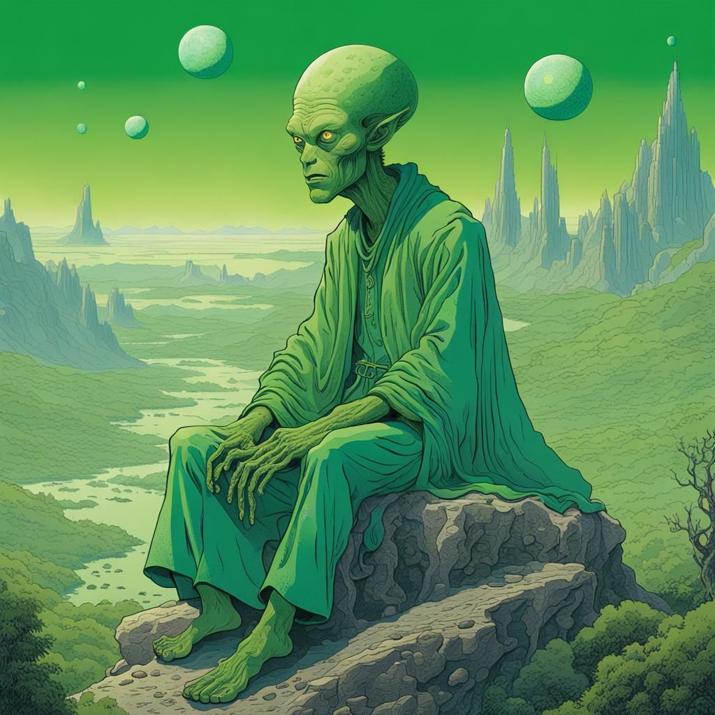 Mystical Alien Sorcerer in Ethereal Landscape Illustration