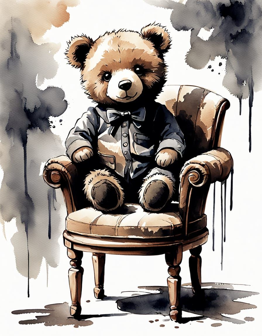 Cozy Ink Wash Portrait of a Teddy Bear in Repose