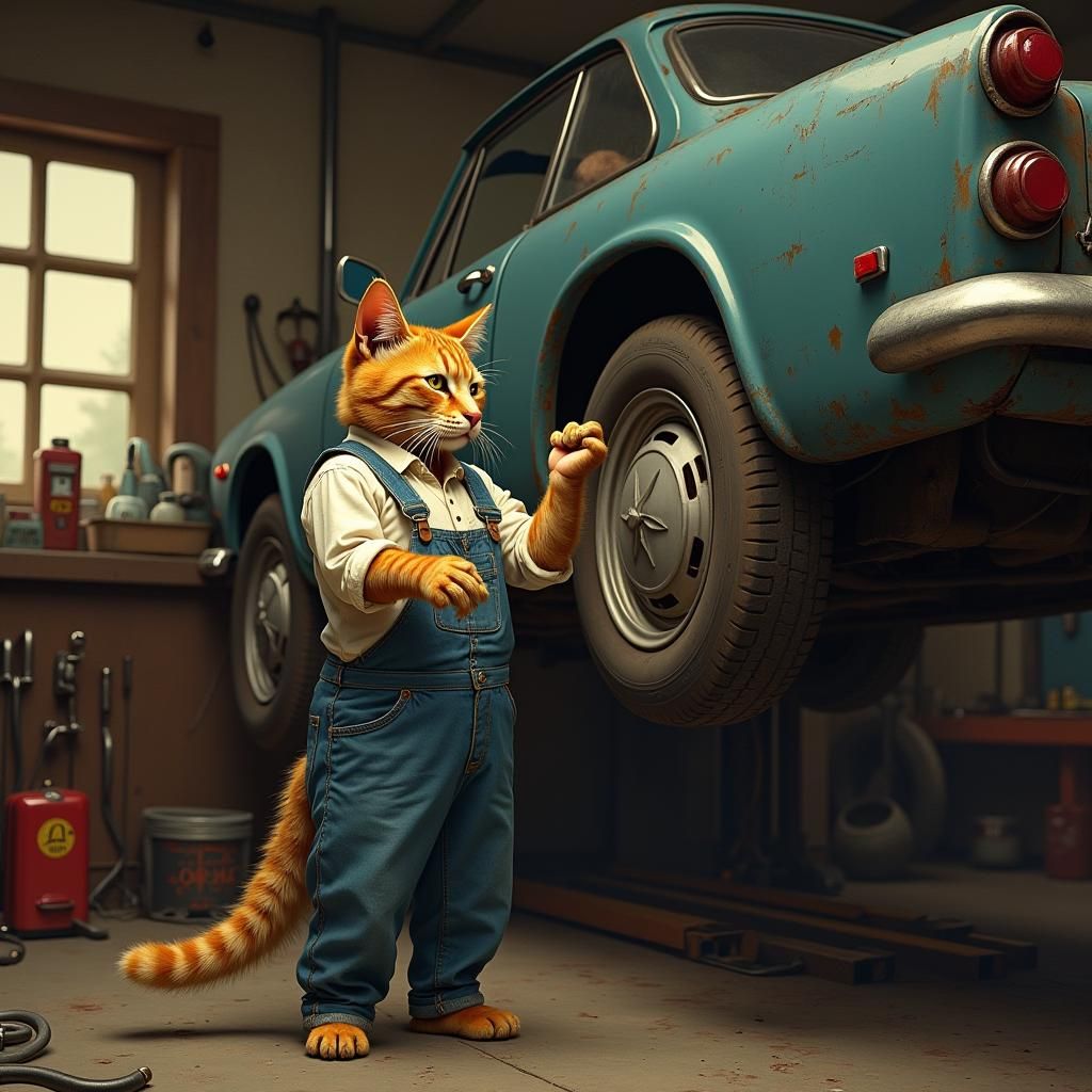 Cat Mechanic Services Car in Vintage Garage