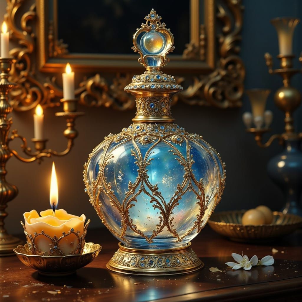 Opalescent Perfume Flacon with Gilded Glow