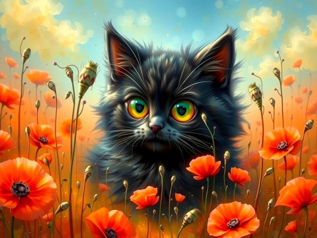 A fluffy black cat with large, expressive eyes emerges amidst a vibrant field of orange poppies,