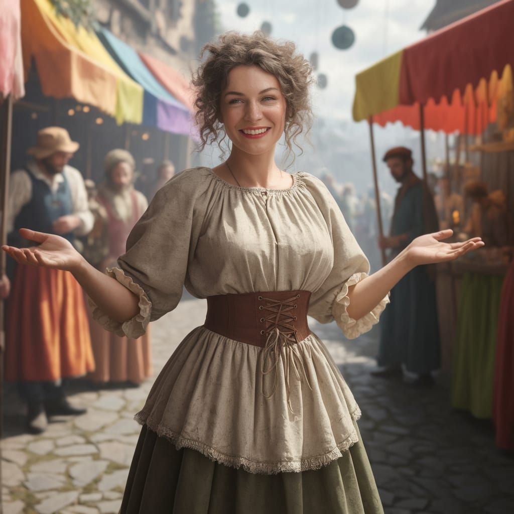 Medieval Woman Captured in Whimsical Fair Scene
