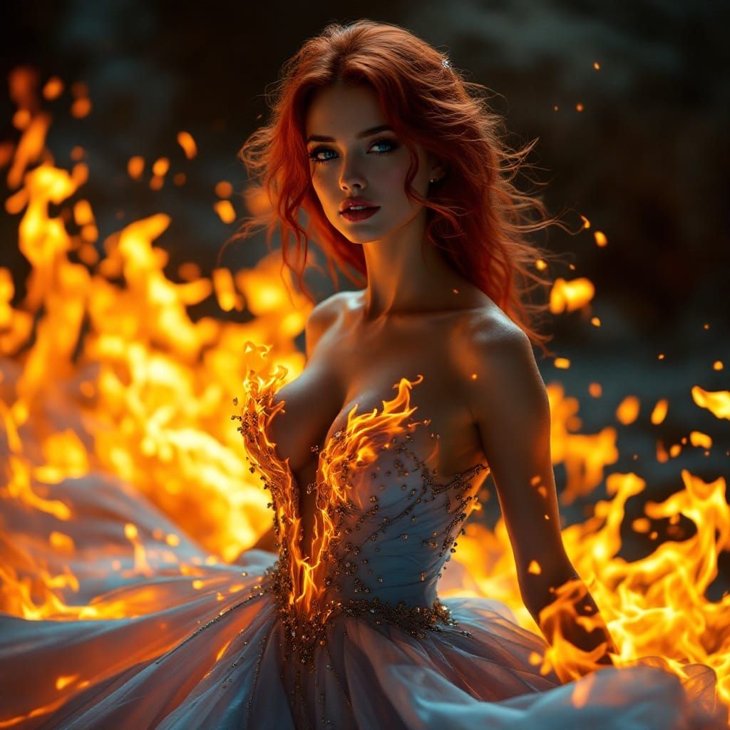 Stunning Woman in Gown of Flames: Realistic Masterpiece