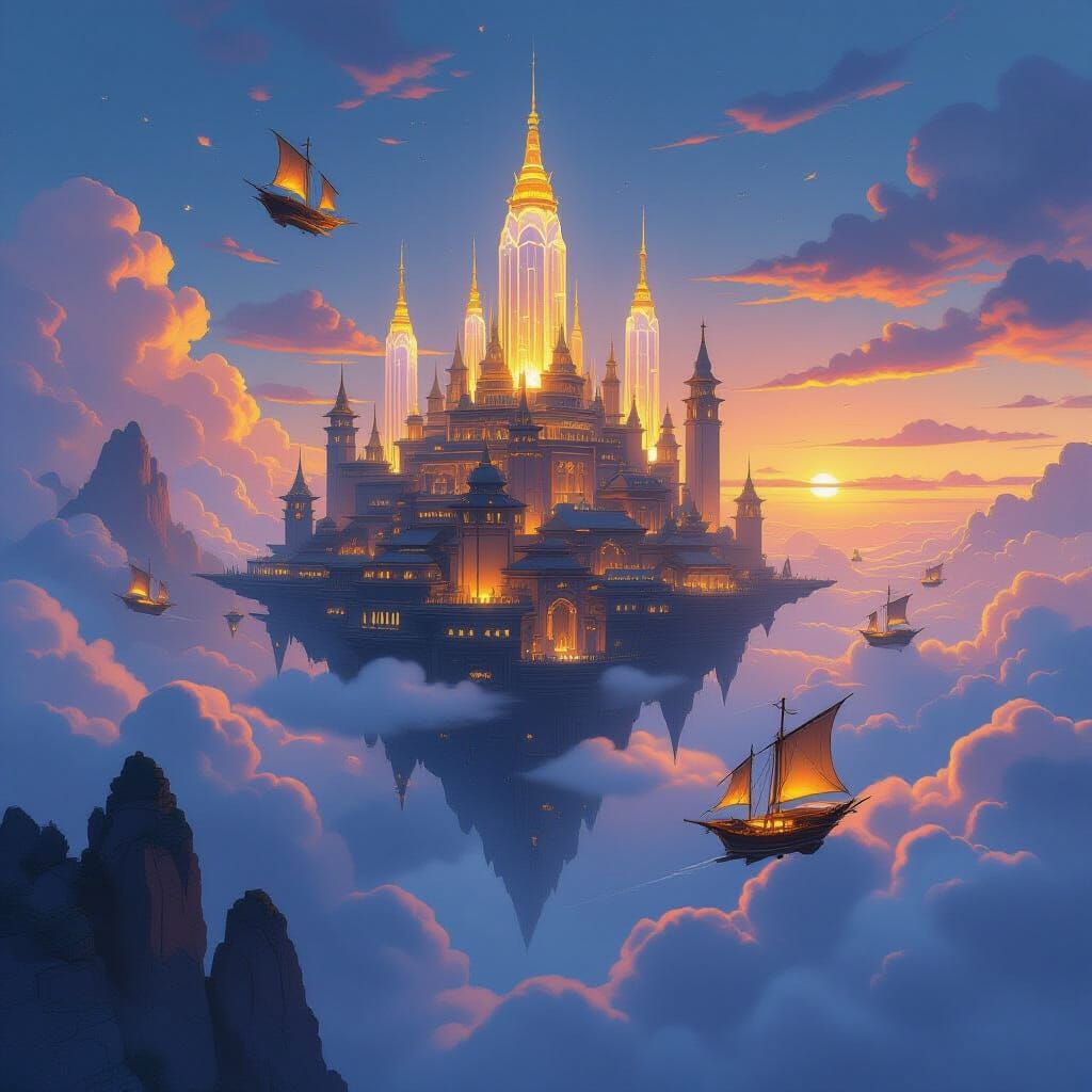 Floating City Above the Clouds at Twilight