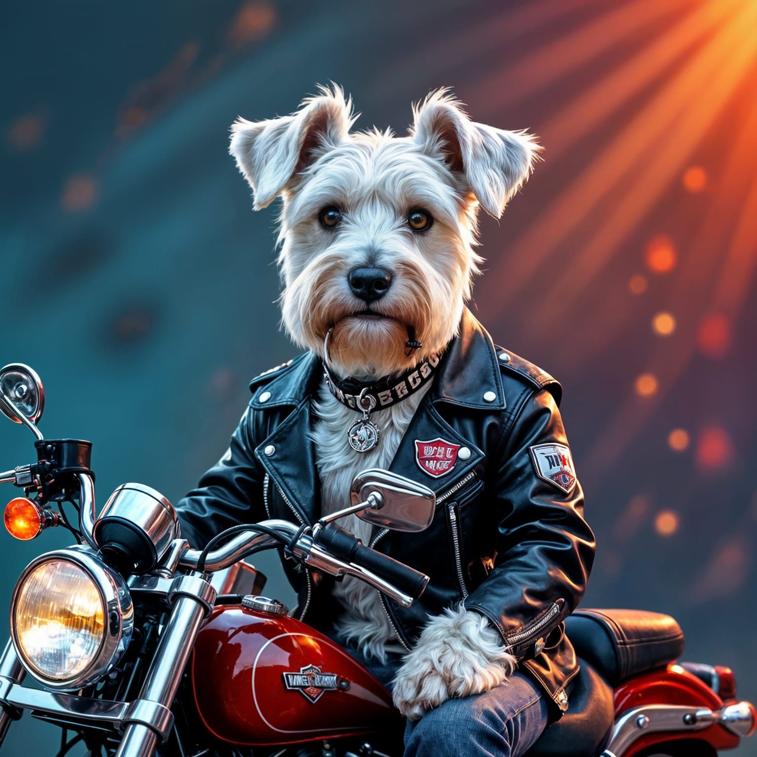 White Schnauzer Biker on Harley Davidson