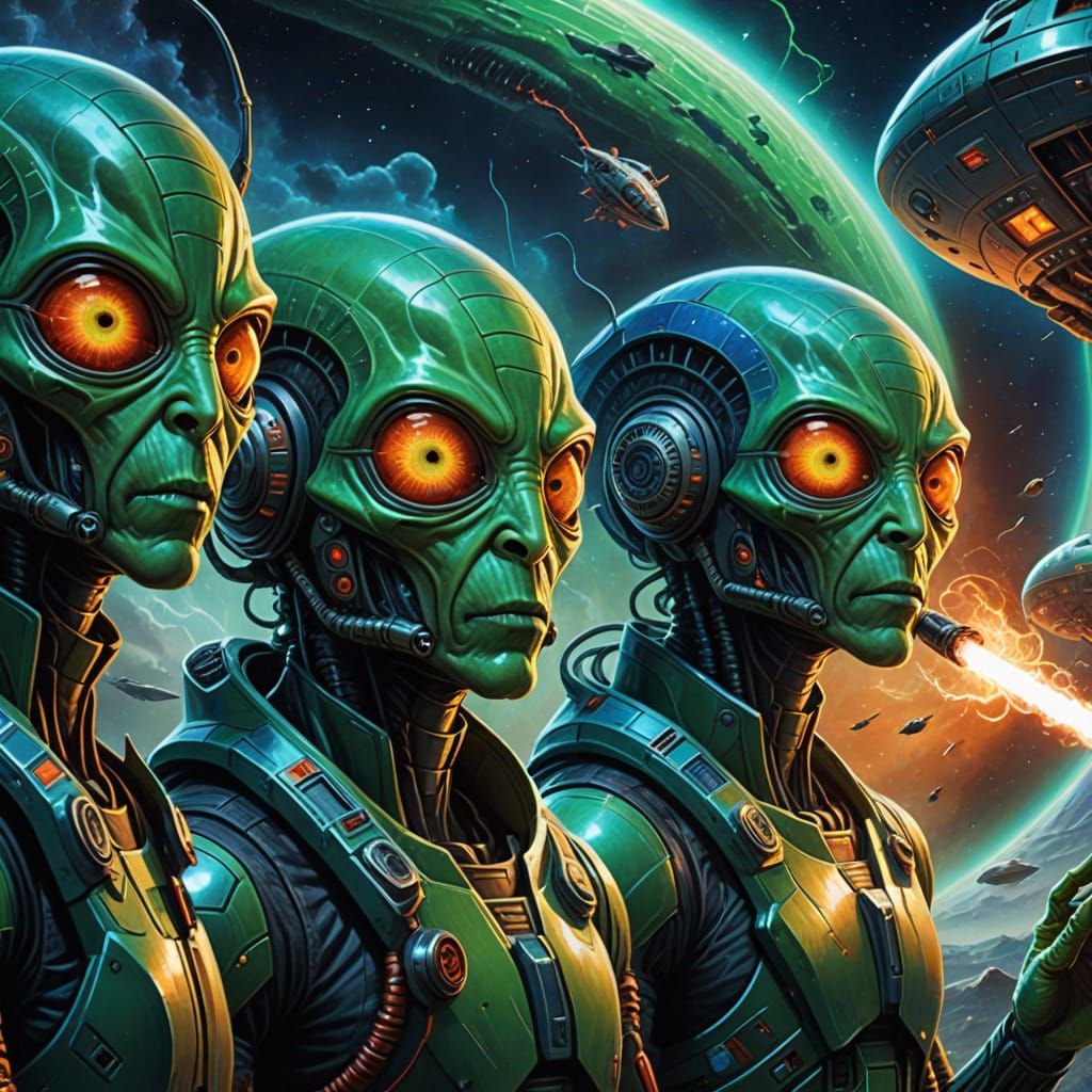 Green Aliens Repair Spaceship in Sci-Fi Digital Art