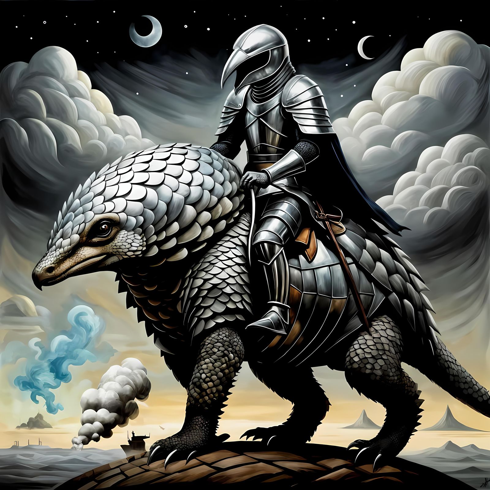 Knight Rides Pangolin in Grimdark Oil Painting