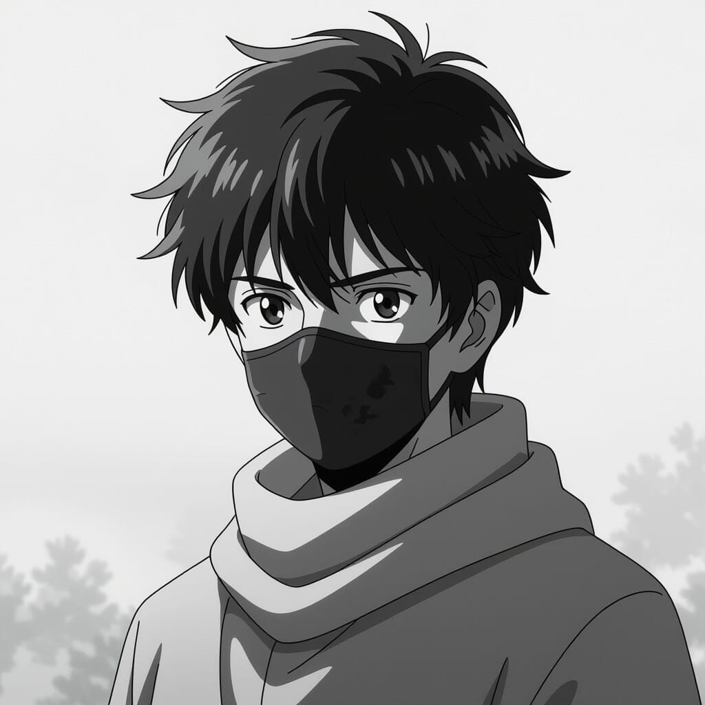 Serious Anime Ninja Character in Black and White