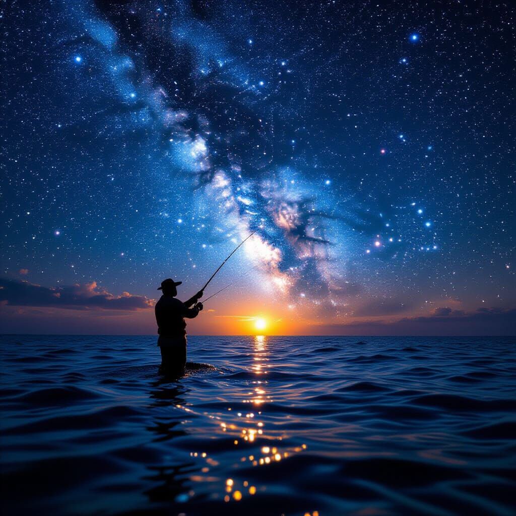 Celestial Fisherman Casting Into Starry Sea