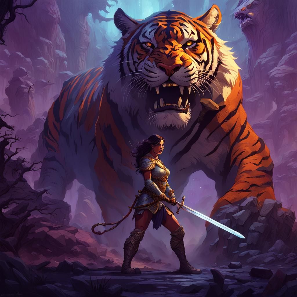 Heroic Warrior Protects Woman from Tiger, Frazetta Style