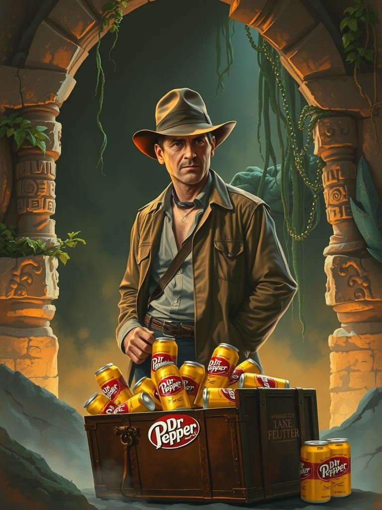 An image of Indiana Jones in lost ancient maya Temple, finding a treasure chest with a bunch of golden cans Dr. Pepper