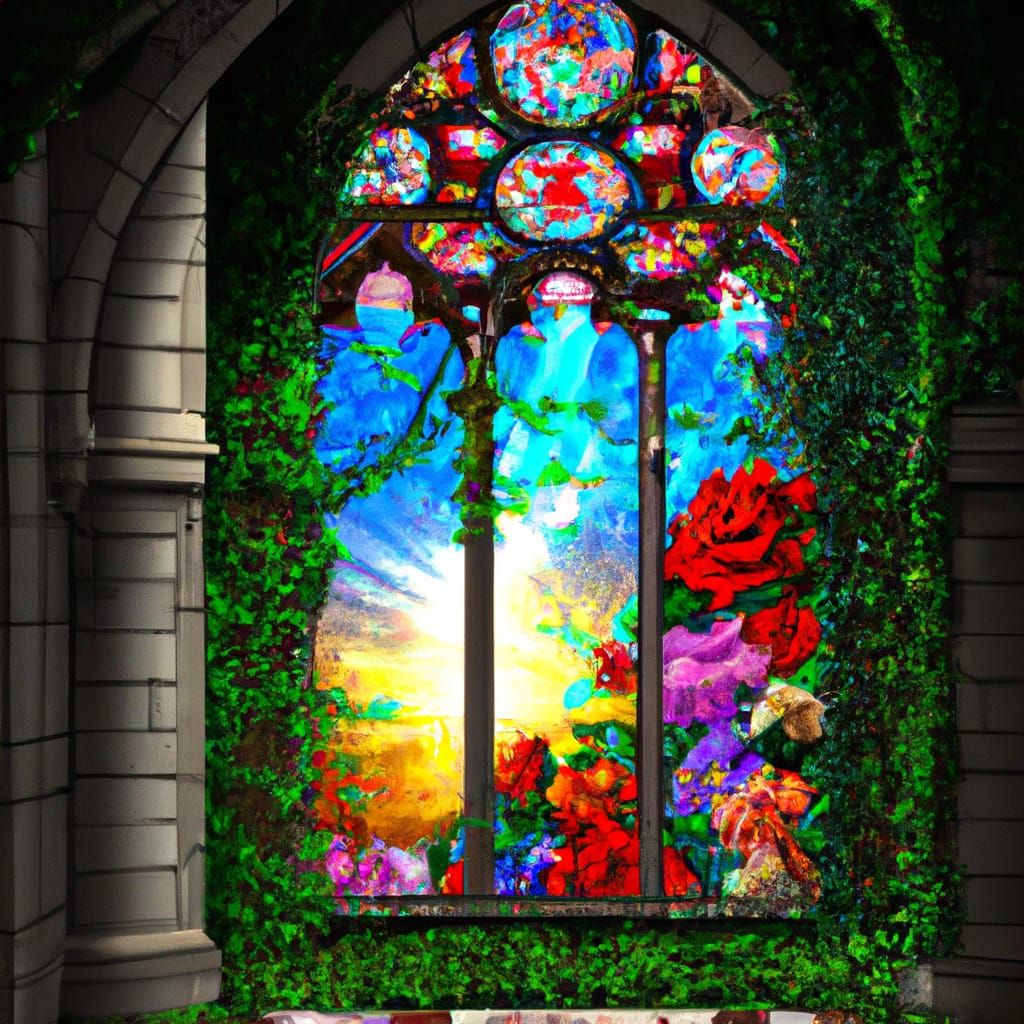 Detailed Stained Glass Window with Roses and Ivy