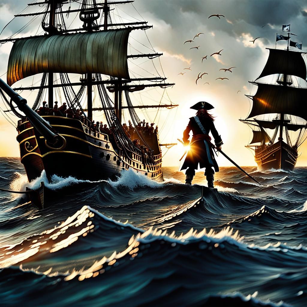 Cinematic film still. Medium shot. Captain Jack Sparrow raises his mighty sword on the fore deck of the Black Pearl pira...